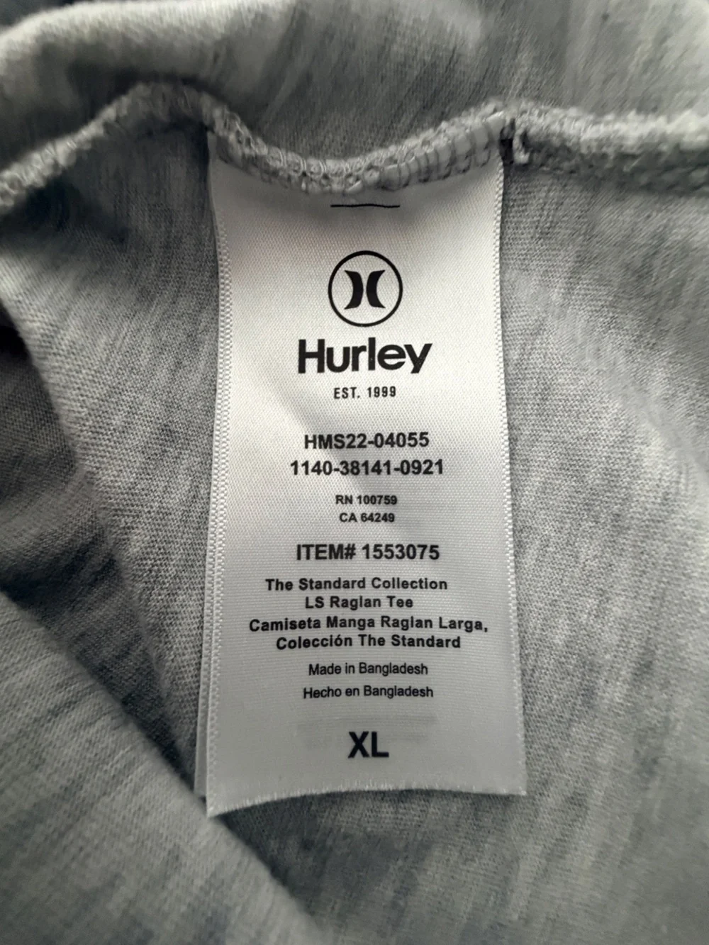 Hurley Men’s XL Gray Black Long Sleeve Raglan crewneck Baseball Tee Logo Shirt